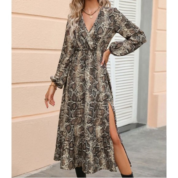 Snakeskin Print Split Thigh Ruffle Hem Dress - Picture 3 of 7